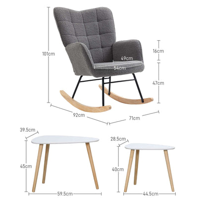 Wingback Rocking Chair & 2 Nesting Coffee Tables Set | Soft Fleecy Upholstery | High Back | Wooden Rocking Base | Scandi-Style Legs | MDF Tabletops | 120kg Capacity | White & Dark Grey