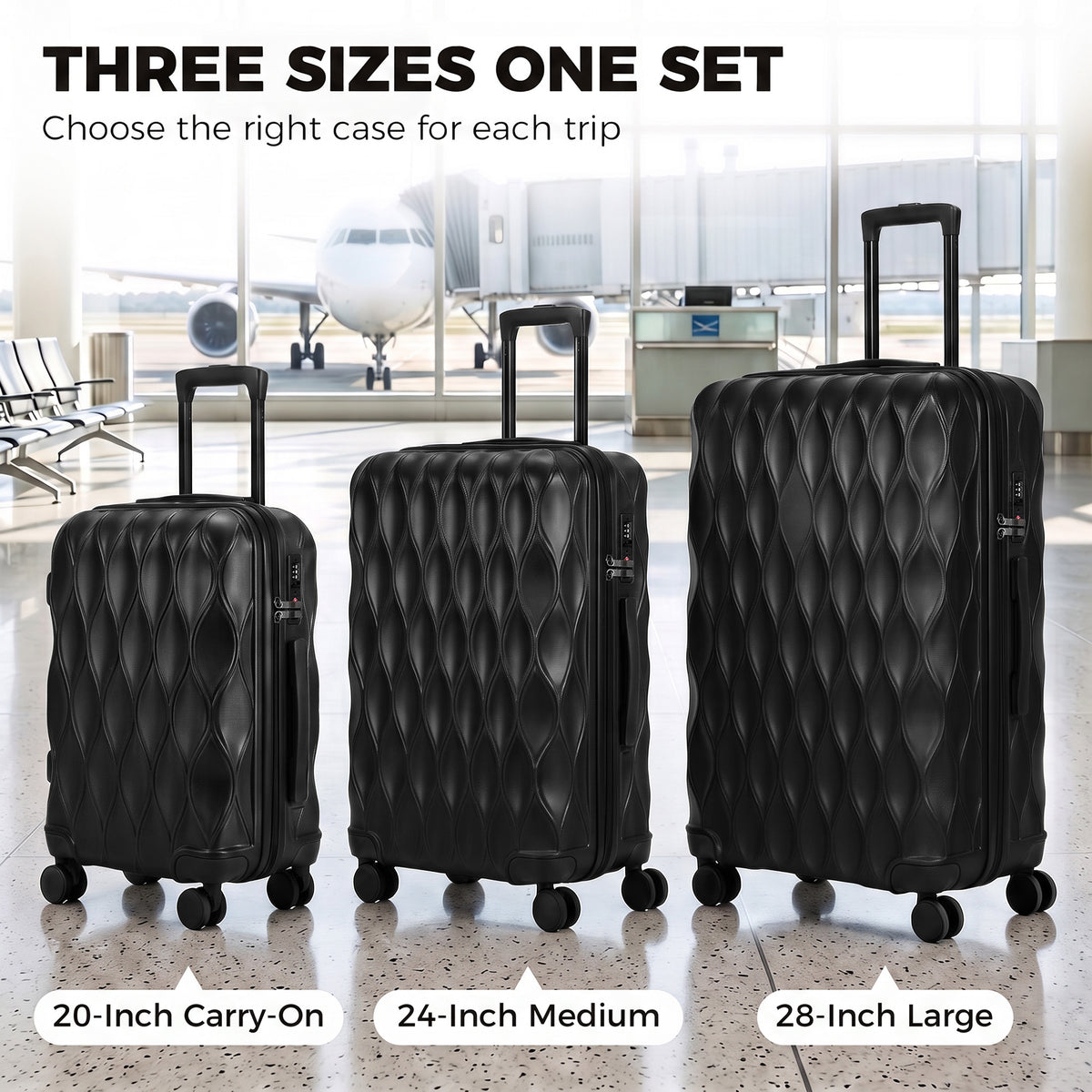 3-Piece Hard Shell Suitcase Set | TSA Lock & 360° Spinner Wheels | 20/24/28 Inch Carry-On & Checked Luggage | Black or Green