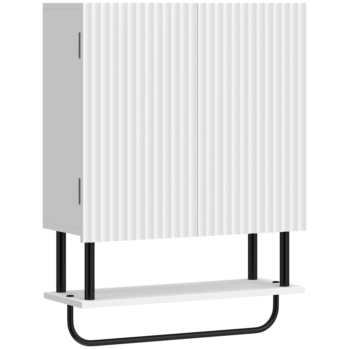 Bathroom Wall Cabinet | Double Doors | Open Shelf & Towel Rail | Wavy Door Style | Humidity-Resistant Painted MDF | 49 x 18 x 66cm | 30kg Capacity | Space-Saving Wall-Mounted | White