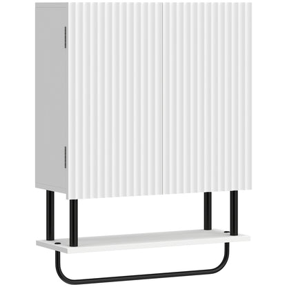 Bathroom Wall Cabinet | Double Doors | Open Shelf & Towel Rail | Wavy Door Style | Humidity-Resistant Painted MDF | 49 x 18 x 66cm | 30kg Capacity | Space-Saving Wall-Mounted | White