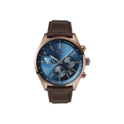 Hugo Boss Leather Strap Chronograph Quartz Men's Wrist Watch Blue & Brown HB1513604