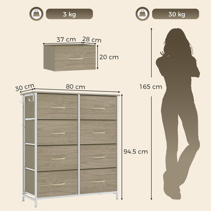 Chest of 8 Fabric Drawers | Natural Wood Rustic Brown Grey | Non-Woven Fabric Steel | 80x30x94.5cm | 30kg | Side Pocket 2 Hooks | X-Bar Frame | Anti-Tip Kit | Foldable Drawers | Bedroom