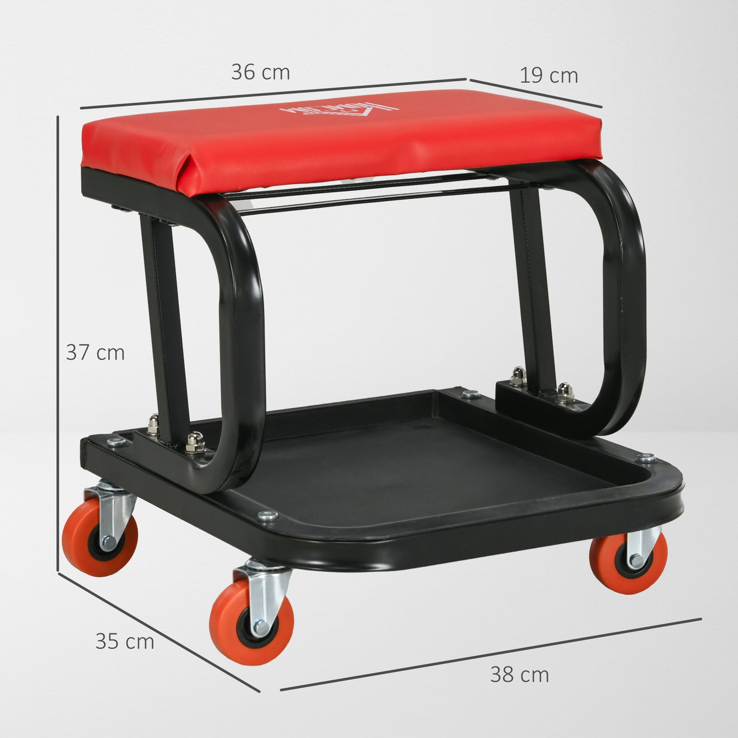 Workshop Stool, Rolling Mechanic Stool with 360 Degree Swivel, Padded Seat, Tool Tray, for Garage, Workshop, Auto Repair, Red