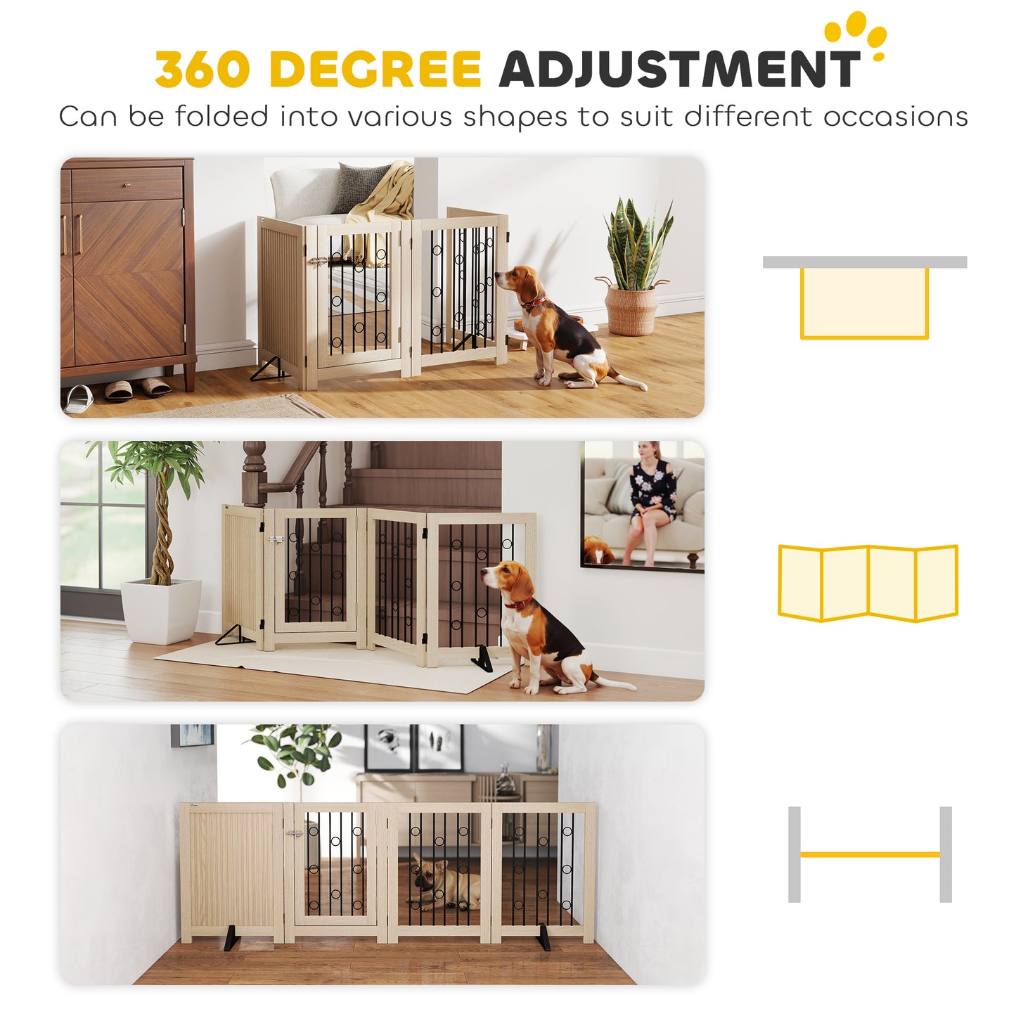 4 Panel Freestanding Pet Gate, Indoor Dog Barrier with Lockable Door, Support Feet, 360° Flexible Hinges, Oak
