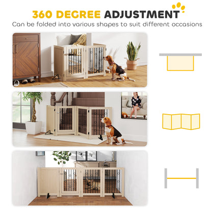 4 Panel Freestanding Pet Gate, Indoor Dog Barrier with Lockable Door, Support Feet, 360° Flexible Hinges, Oak