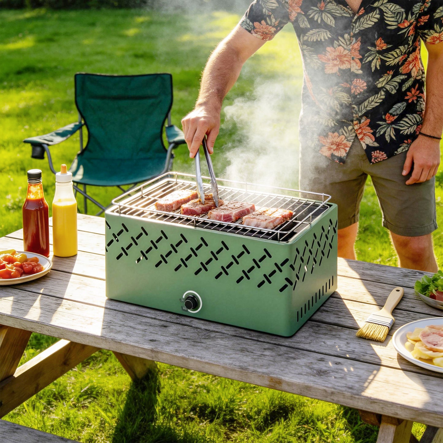 Portable Battery-Powered Charcoal BBQ Grill – Built-In Fan, Stepless Heat Control, 600°C Rated, 45.5x29cm Grill Surface, For Camping & Garden – Light Green