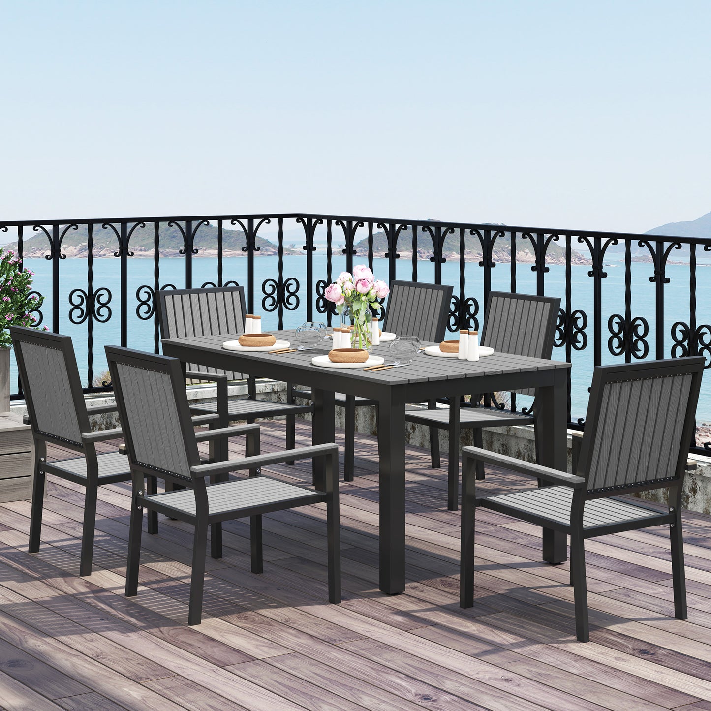 6 Seater Garden Dining Set with Stackable Chairs, Aluminium Frame, Rectangular Plastic Top, Garden Furniture Set, Outdoor Dining Table and Chairs