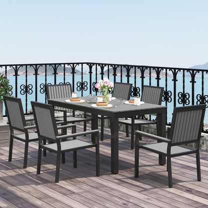 6 Seater Garden Dining Set with Stackable Chairs, Aluminium Frame, Rectangular Plastic Top, Garden Furniture Set, Outdoor Dining Table and Chairs