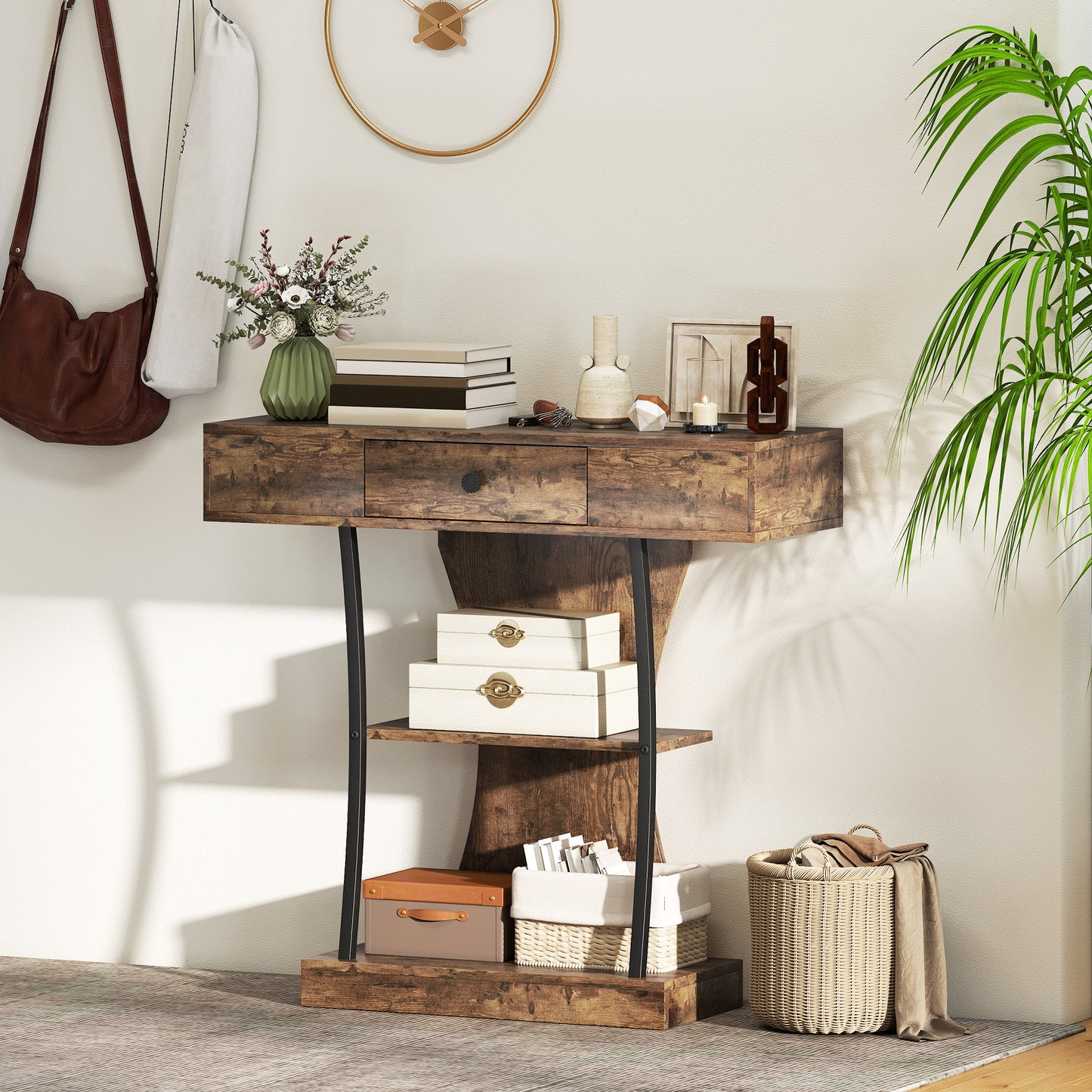 Industrial Console Table & Hallway Table | Drawer | 2 Open Shelves | Anti-Tip | 91x32x87cm | 45kg | Rustic Brown