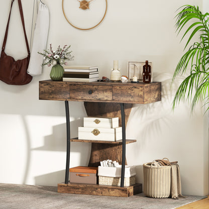 Industrial Console Table & Hallway Table | Drawer | 2 Open Shelves | Anti-Tip | 91x32x87cm | 45kg | Rustic Brown