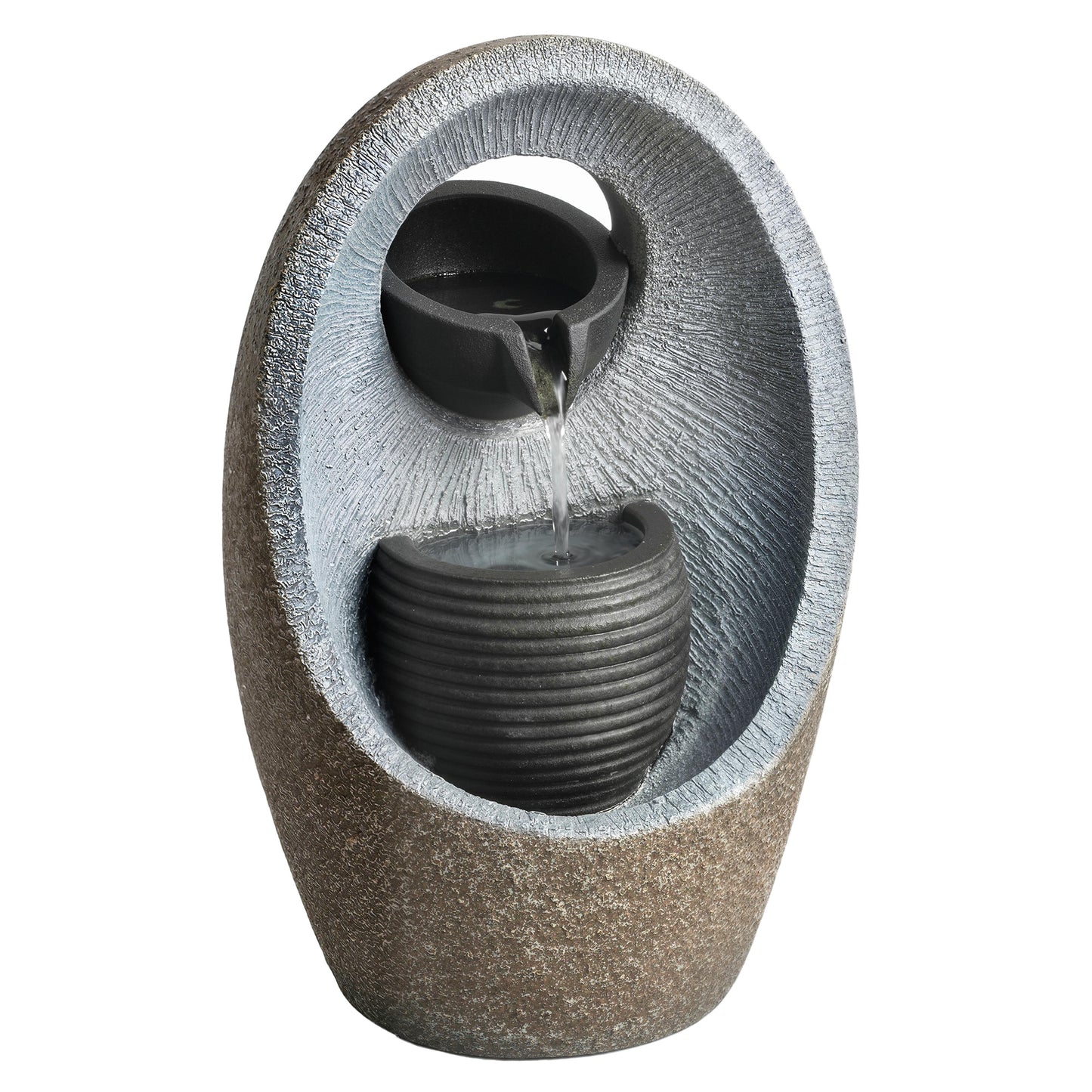 2-Tier Cascading Garden Water Fountain | LED Light | 3W Pump | 3m Cable | Resin | Grey