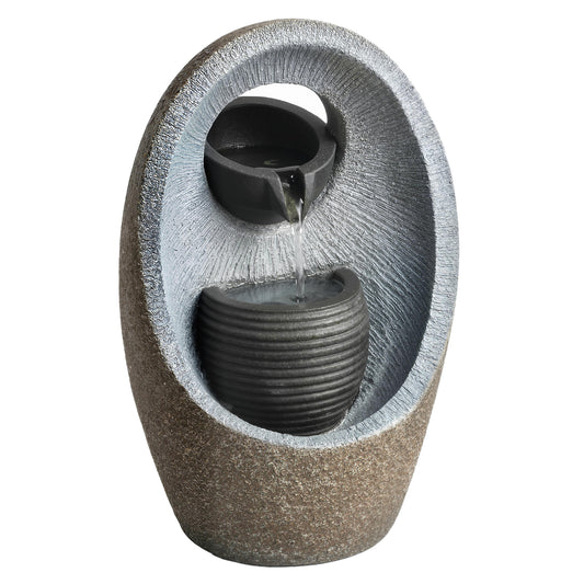 2-Tier Cascading Garden Water Fountain | LED Light | 3W Pump | 3m Cable | Resin | Grey