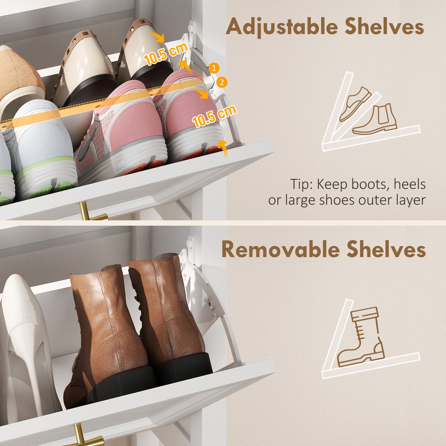 Farmhouse Narrow Shoe Cabinet | 2 Flip Drawers | Gold Handles | White | 96.7cm