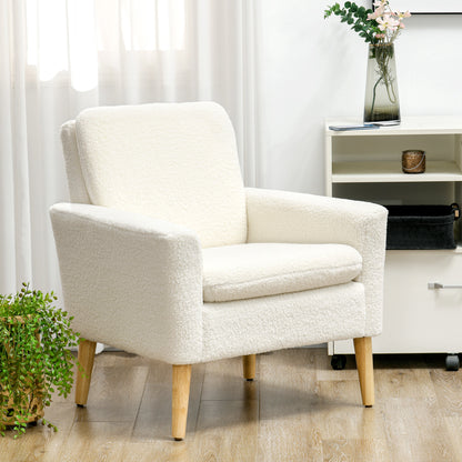 Modern Armchair, Upholstered Accent Chair with Wood Legs and Wide Padded Seat, Teddy Occasional Chair, Cream White