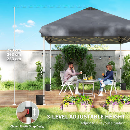 3x3m Pop-Up Gazebo with Flip-Down Wheels & One-Push Central Lock | UPF50+ 210D Oxford Fabric | Top Mesh Vent | 3-Height Adjustment | 4 Sandbags, 4 Guy Ropes & 12 Stakes | Carry Bag | 300x300x273cm | Dark Grey & White