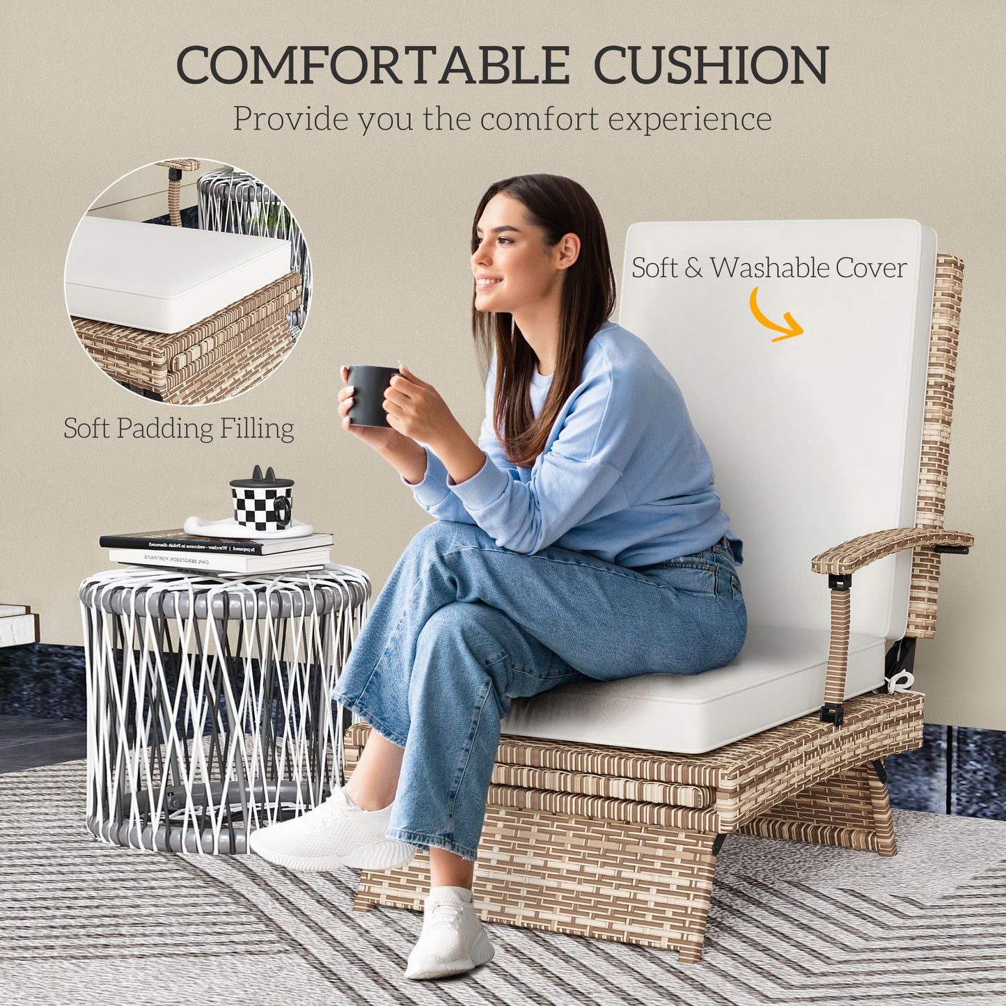 Outdoor PE Rattan Recliner Chair W/ Cushion, Foldable Design Garden Recliner W/ Footrest and Adjustable Back with 80° Recline, Light Brown