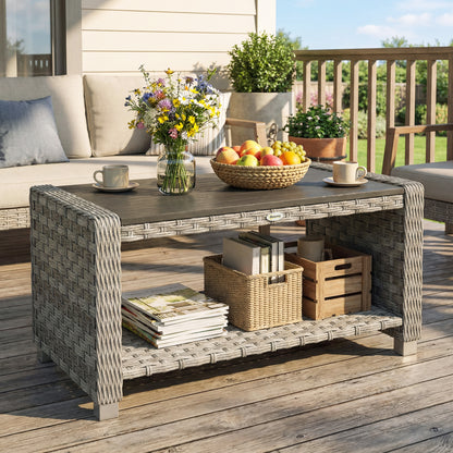 2-Tier Rattan Garden Coffee Table | PS Waterproof Top | Storage Shelf | 50kg | Foot Pads | Grey