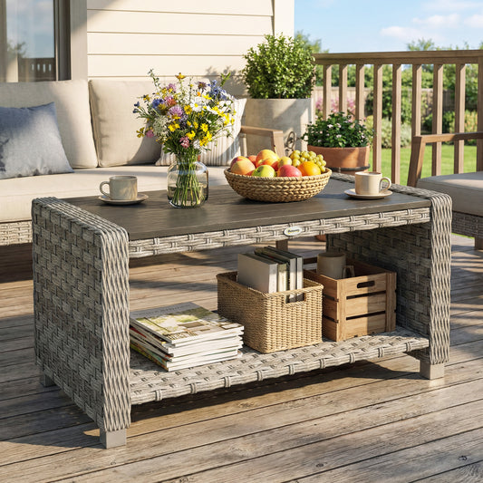 2-Tier Rattan Garden Coffee Table | PS Waterproof Top | Storage Shelf | 50kg | Foot Pads | Grey