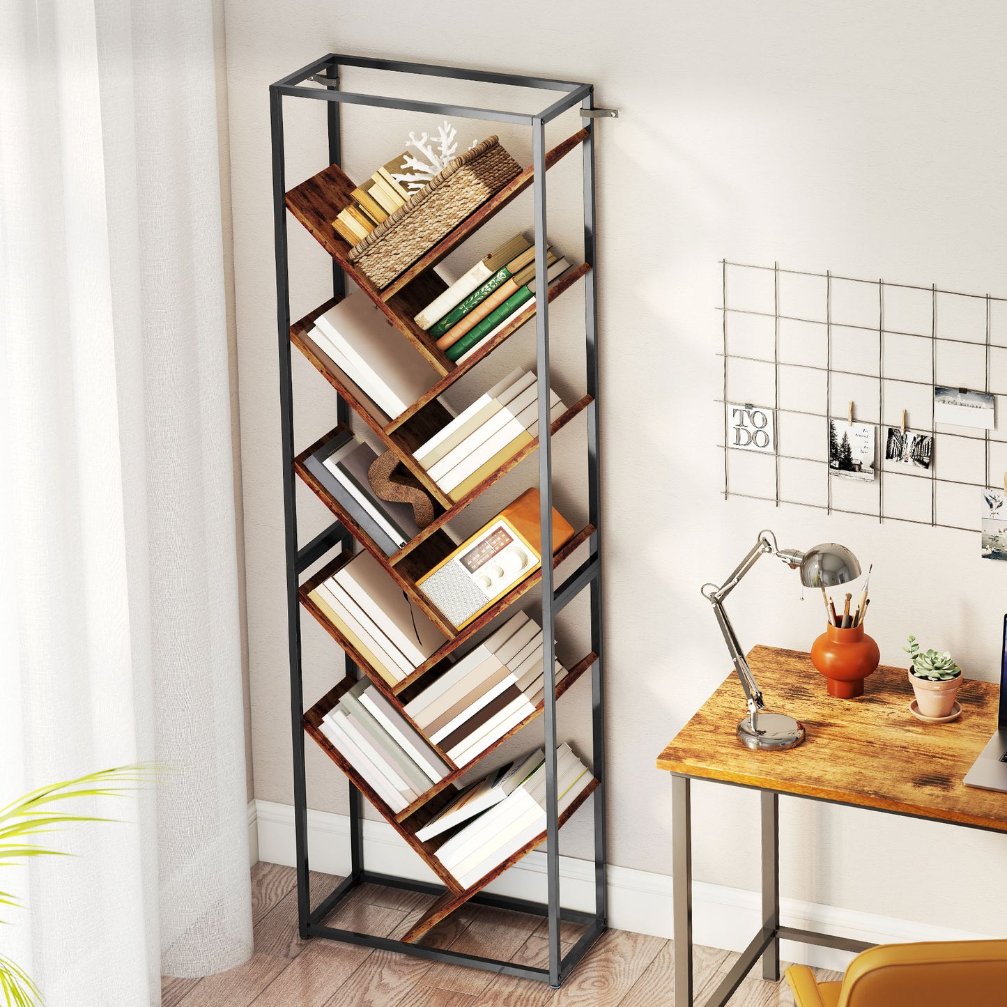 10 Shelf Industrial-Style Bookshelf - Black/Brown