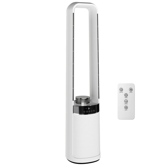 Bladeless Tower Fan | 36dB Sleep Mode | 4-Colour LED & Breathing Mode | 45° Oscillation | 3 Speeds | 12H Timer | 5m Remote | Washable Filter | 85W | 20.6x21.4x93.3cm | White