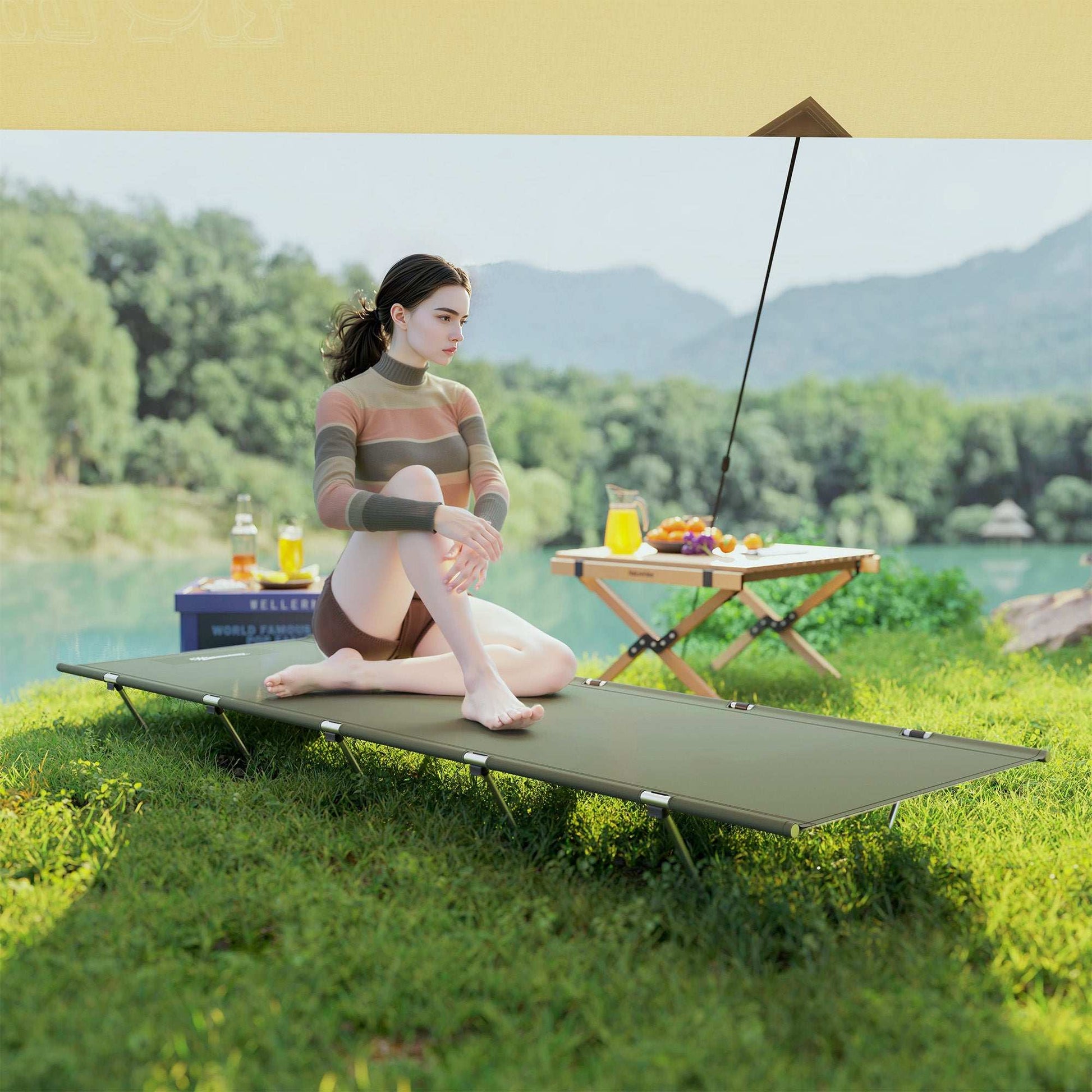 Outsunny Lightweight Camping Bed, w/ Strong Support 150kg and Carry Bag for Camping, Dark Green