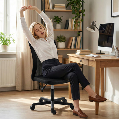 Armless Mesh Office Chair | 360° Swivel | Adjustable Height 40-52cm | 6cm Padded Seat | Breathable Curved Mesh Back | 120kg | Compact Space Saving | Black