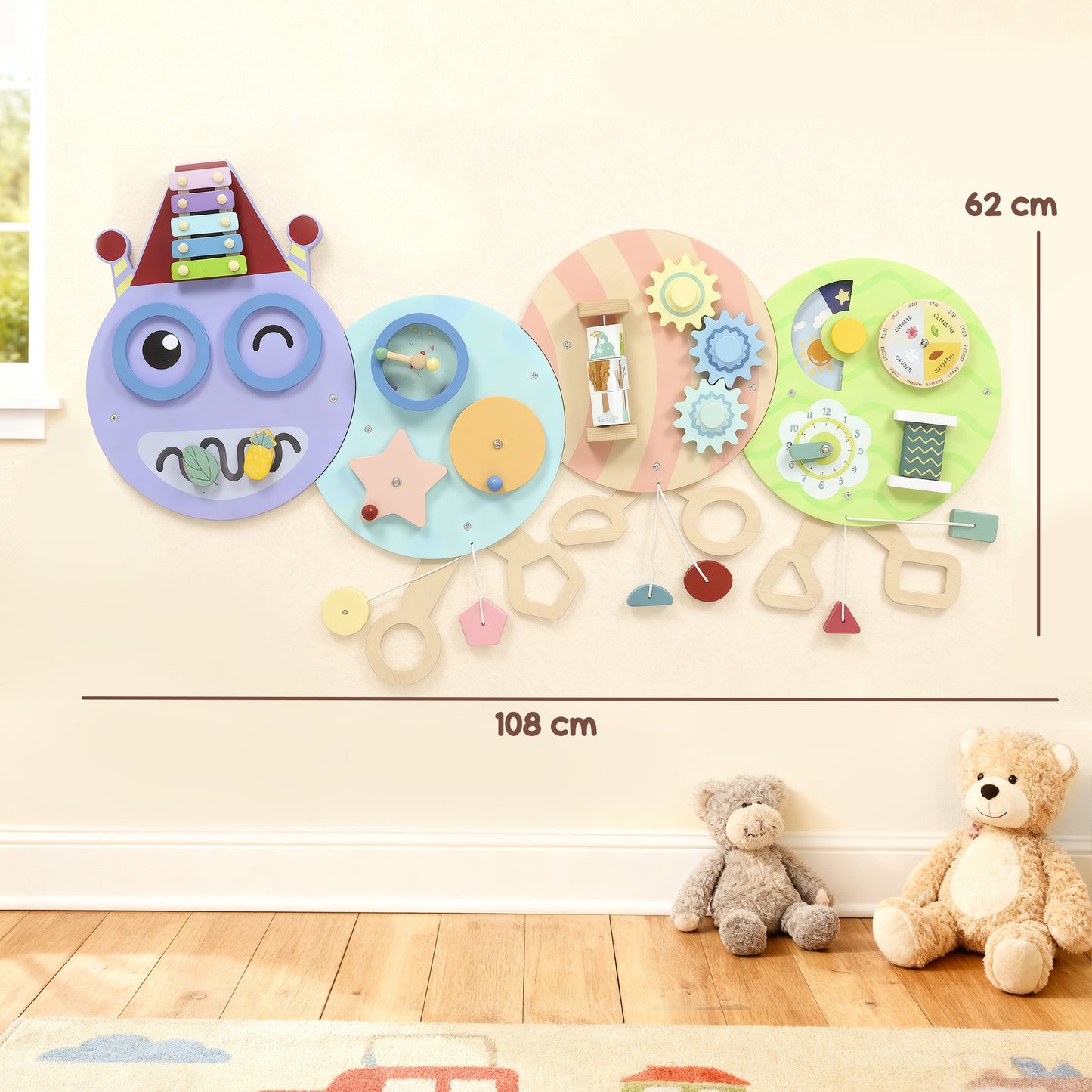 AIYAPLAY Caterpillar Busy Sensory Board with 7 Activities, for Nursery, Playroom, Home, for 3+ Years