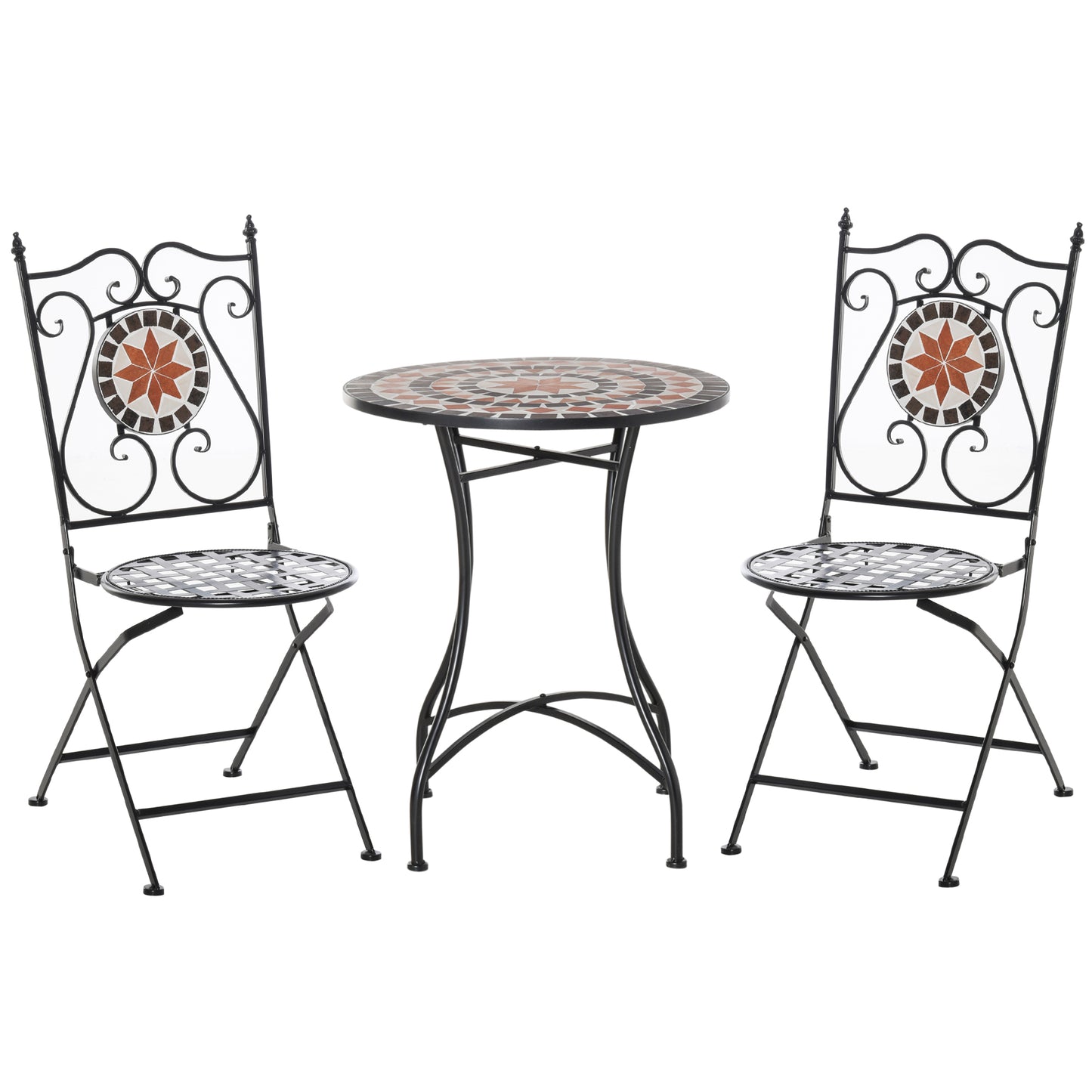 3 Piece Garden Bistro Set | Ceramic Tile Round Table Dia 60cm | 2 Folding Chairs | Mosaic Pattern | Metal Frame | 100kg | Indoor & Outdoor | Black