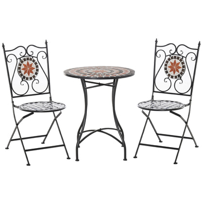 3 Piece Garden Bistro Set | Ceramic Tile Round Table Dia 60cm | 2 Folding Chairs | Mosaic Pattern | Metal Frame | 100kg | Indoor & Outdoor | Black