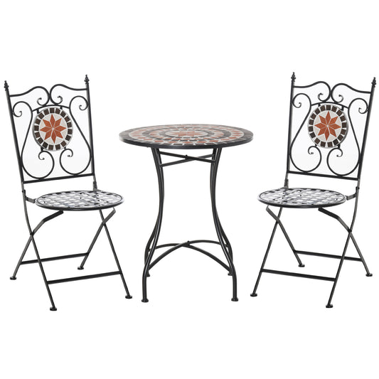3 Piece Garden Bistro Set | Ceramic Tile Round Table Dia 60cm | 2 Folding Chairs | Mosaic Pattern | Metal Frame | 100kg | Indoor & Outdoor | Black