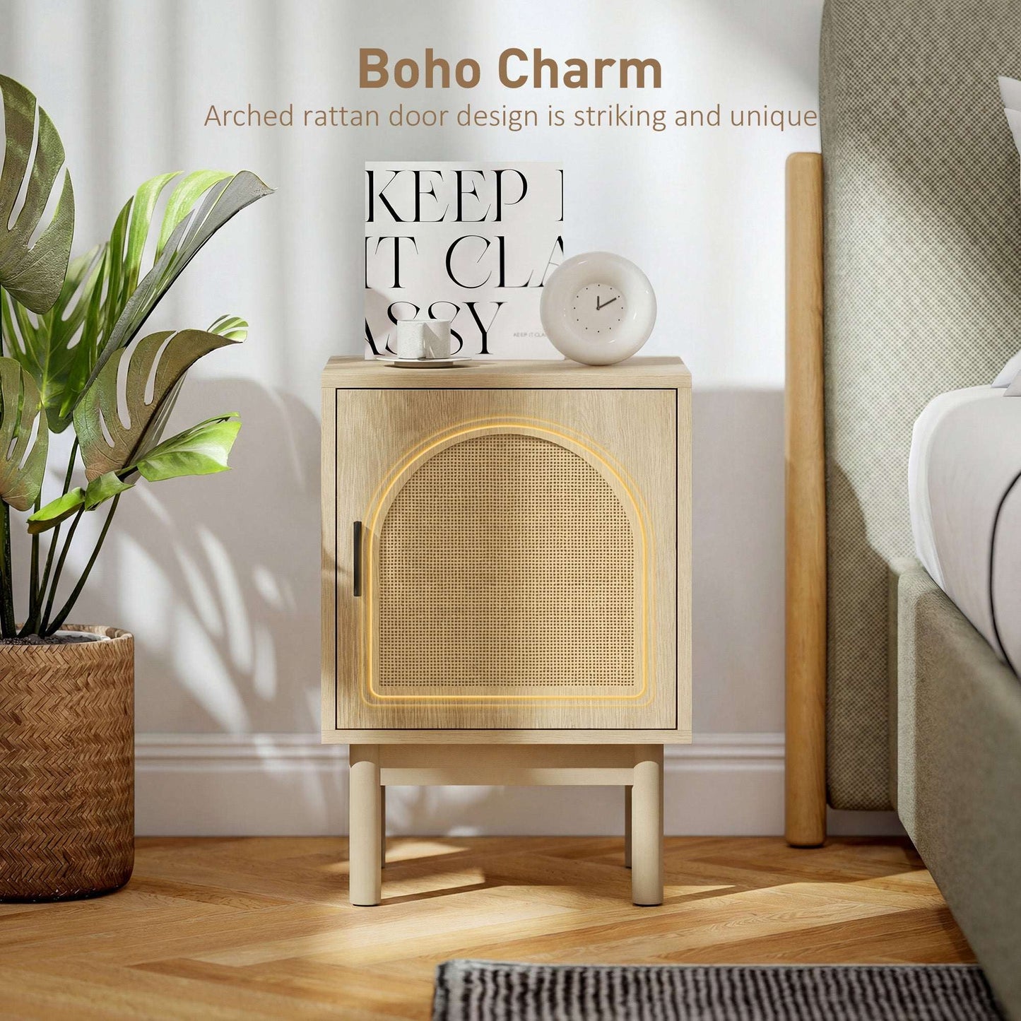 Boho Rattan Bedside Table | Arch Rattan Door | 2-Tier Cabinet | 3-Level Adjustable Shelf | Solid Wood Legs | Non-Slip Pads | 40kg Capacity | 40x35x58cm | Natural Wood