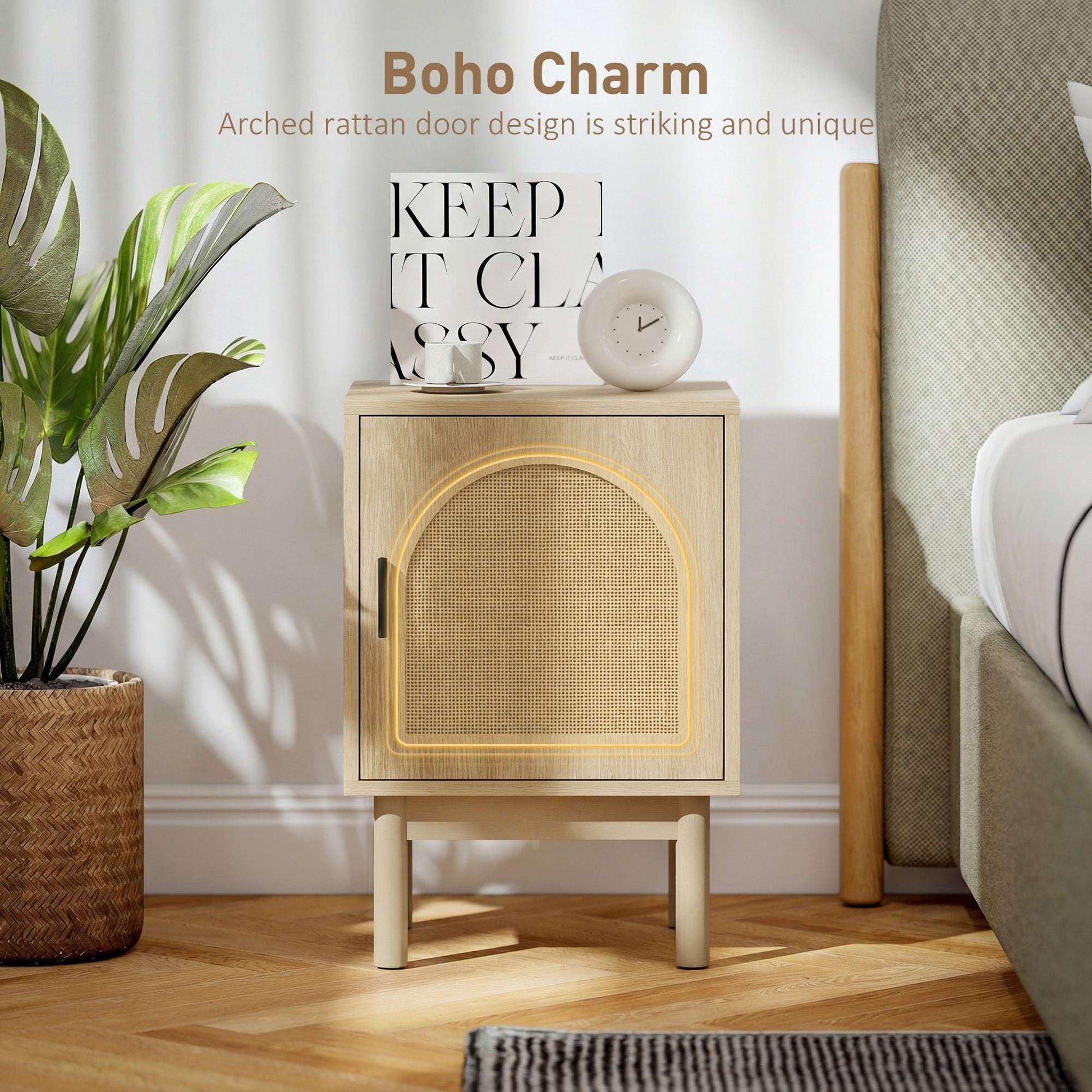 Boho Rattan Bedside Table | Arch Rattan Door | 2-Tier Cabinet | 3-Level Adjustable Shelf | Solid Wood Legs | Non-Slip Pads | 40kg Capacity | 40x35x58cm | Natural Wood
