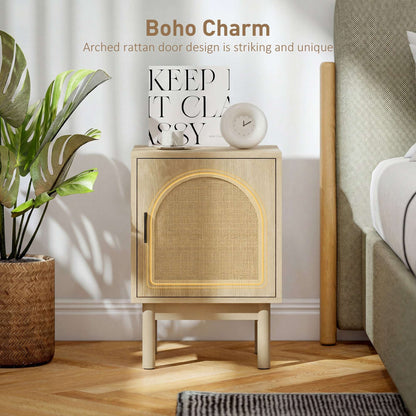 Boho Rattan Bedside Table | Arch Rattan Door | 2-Tier Cabinet | 3-Level Adjustable Shelf | Solid Wood Legs | Non-Slip Pads | 40kg Capacity | 40x35x58cm | Natural Wood