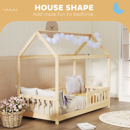 House-Shaped Kids Bed Frame with Guard Rails, Solid Pine Wood Single Bed Frame for Kids Boys and Girls, Natural