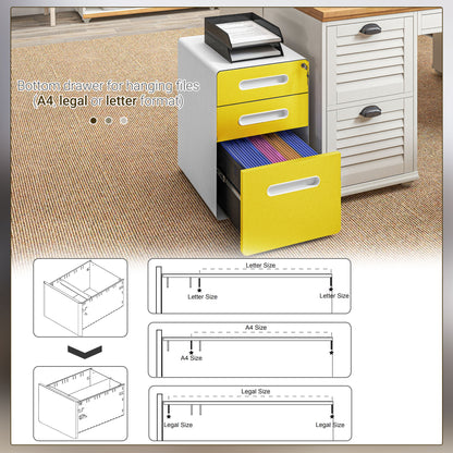 Vinsetto 3 Drawer Filing Cabinet, Steel Lockable File Cabinet with Lock and Wheels, for A4, Letter, Legal Sized Files
