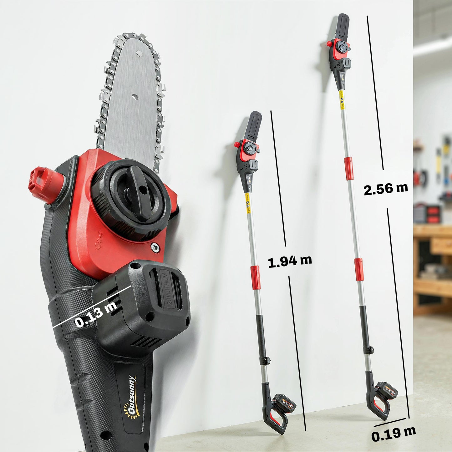Outsunny 18V 8" Cordless Long Handled Pole Electric Chainsaw, 1.94m/2.56m with 2 x 4.0Ah Batteries, Charger, Auto Lubrication
