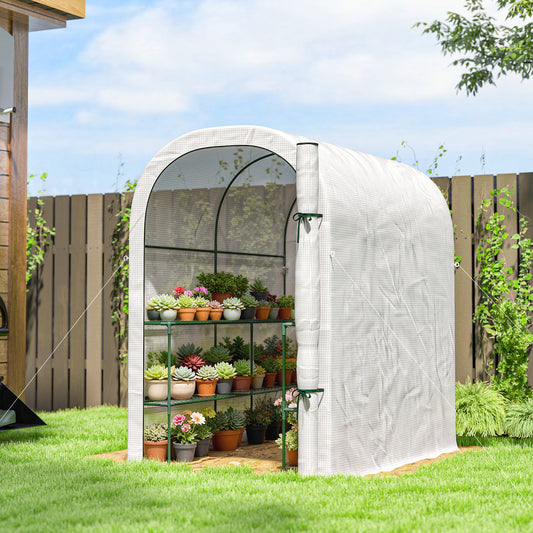 Walk-in Greenhouse with Shelves, Small Greenhouse with PE Cover and Roll-up Door, 123 x 187 x 189 cm, White