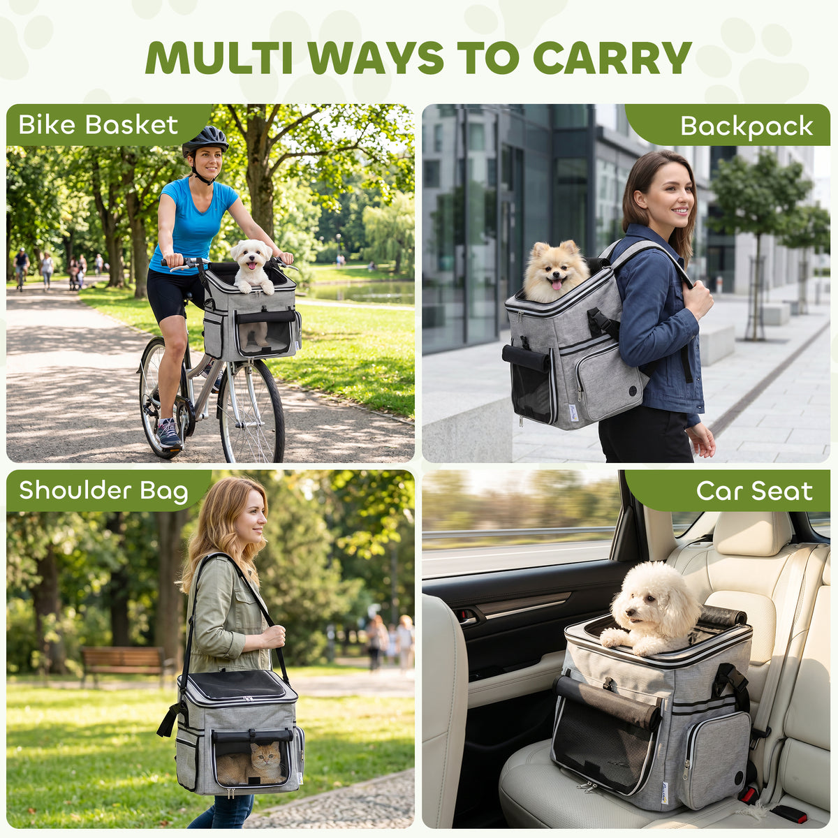 Dog Bike Basket Soft-Sided Pet Carrier | Security Leash | Mesh Doors & Windows | Plush Cushion | Roller Blind | Side Pockets | Includes Bowl | 5kg Capacity | 33x26x35cm | 300D Cloth | Light Grey
