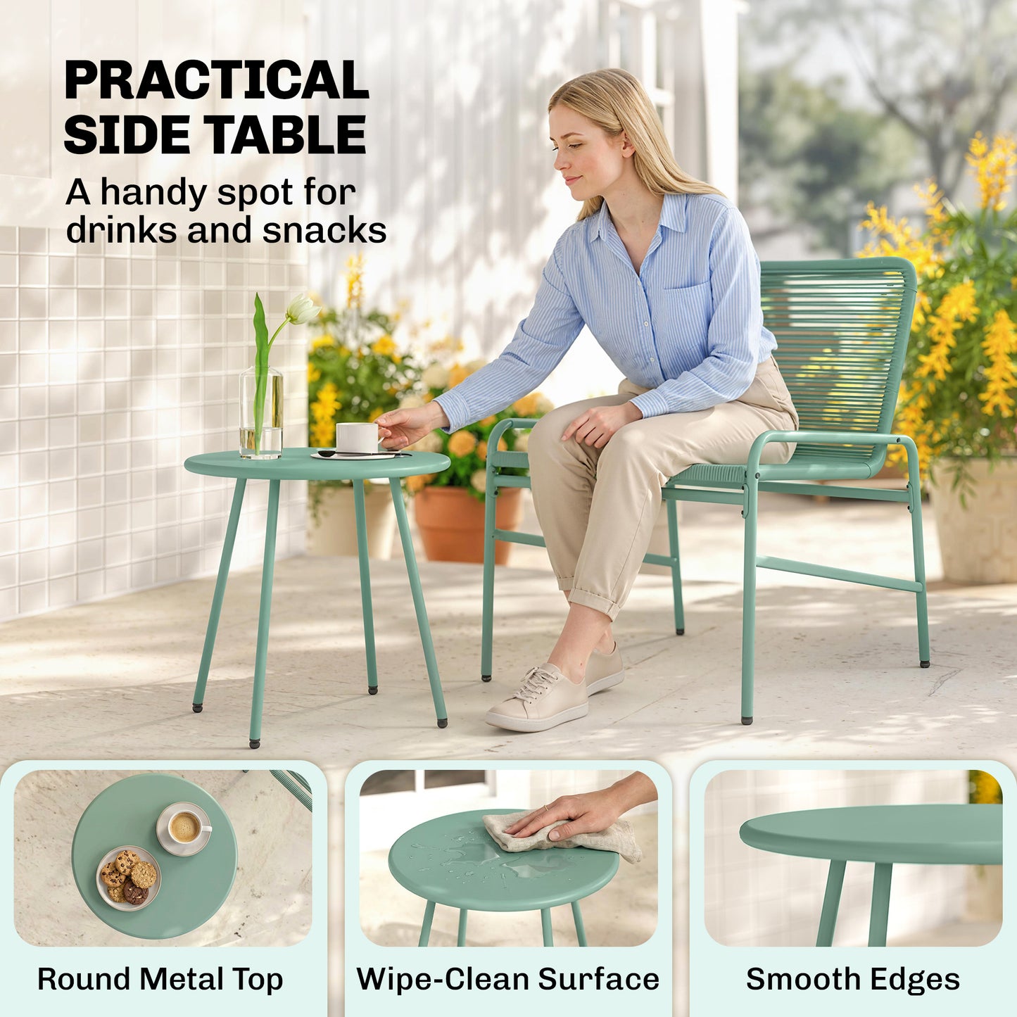 3-Piece Rattan Bistro Set | 2 Chairs & Round Table | Adjustable Feet | Green