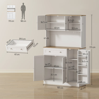 173cm Tall Kitchen Cupboard | Charging Station | Pantry Storage Cabinet | Adjustable Shelves | 4 Door Racks | White