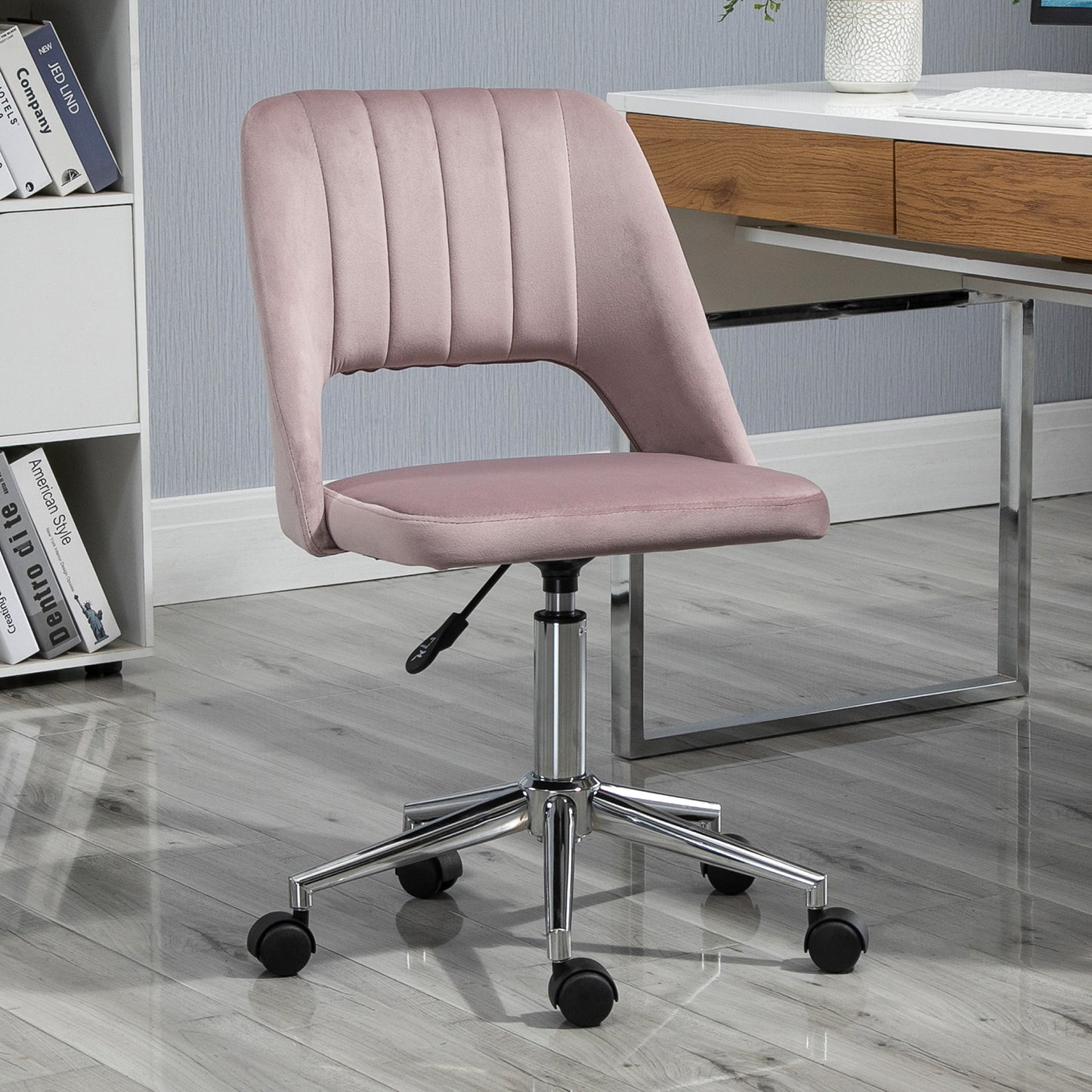 Armless Velvet-Feel Office Chair | Sponge Padded Seat & Back | 360° Swivel | 5 Wheels | Height Adjustable 46-58cm | 120kg | Bedroom Home Office Study | Pink