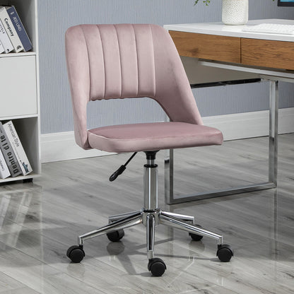 Armless Velvet-Feel Office Chair | Sponge Padded Seat & Back | 360° Swivel | 5 Wheels | Height Adjustable 46-58cm | 120kg | Bedroom Home Office Study | Pink