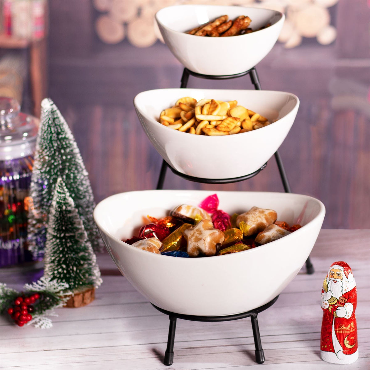 Maison & White 3-Tier Serving Bowl Set | 3 White Ceramic Snack Bowls & Black Iron Stand | Graduated Buffet, Party & Sharing Display | 27cm Stand