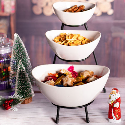Maison & White 3-Tier Serving Bowl Set | 3 White Ceramic Snack Bowls & Black Iron Stand | Graduated Buffet, Party & Sharing Display | 27cm Stand