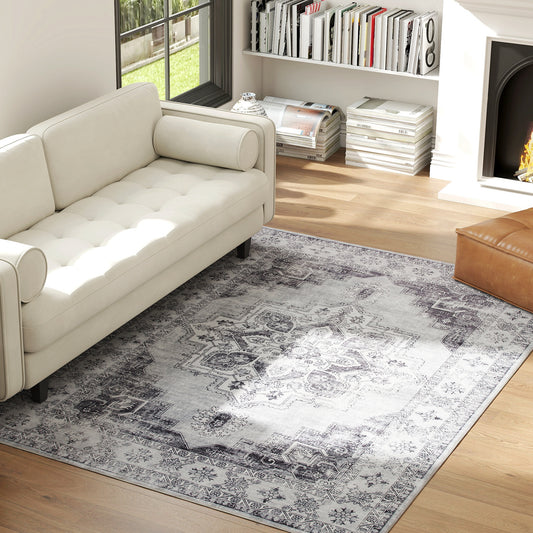 Vintage Floral Area Rug | Machine Washable | Soft Flannel 100% Polyester | TPR Non-Slip Backing | Foldable | 230x160cm | Grey | Living Room Bedroom Dining Room Home Office