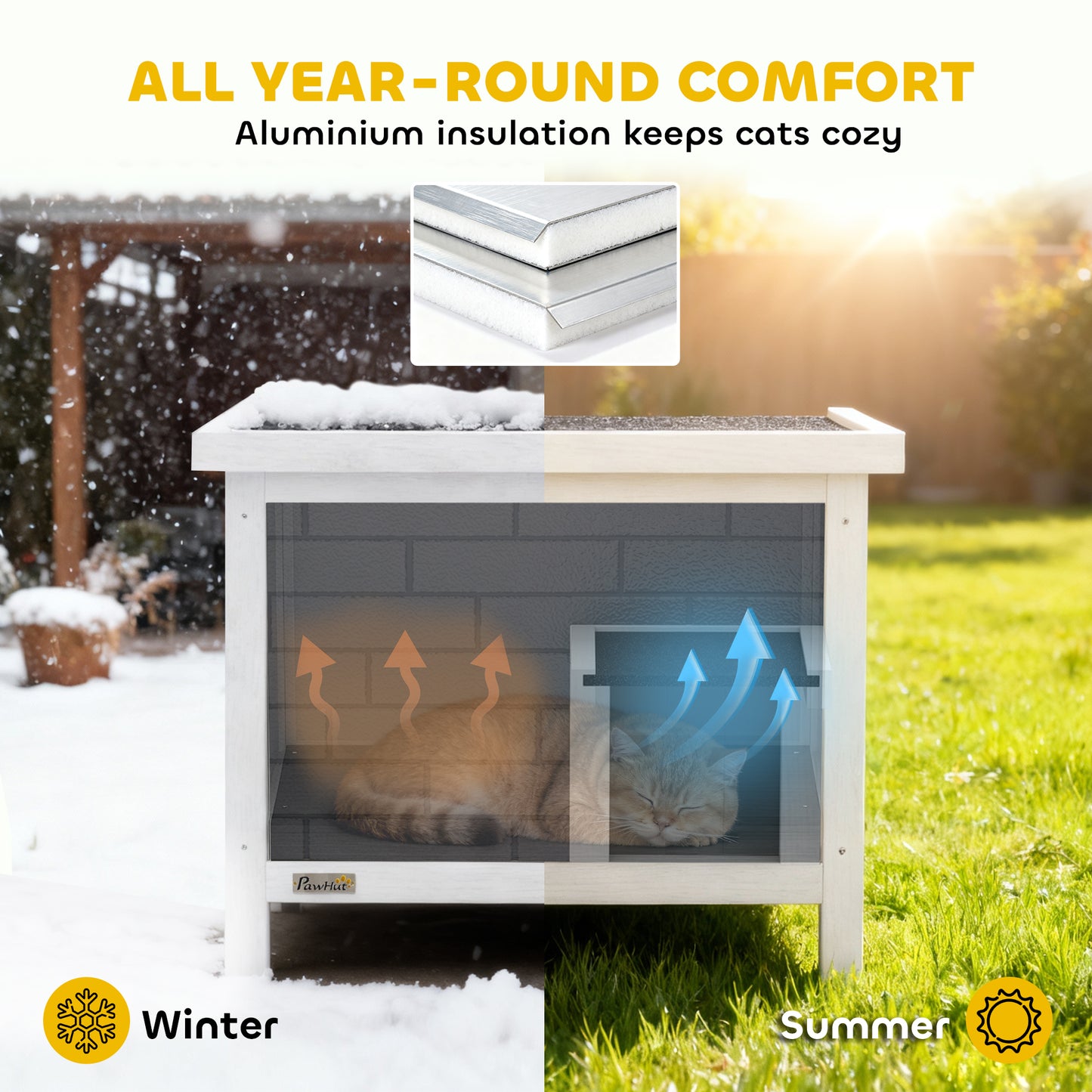 PawHut Outdoor Cat House Insulated with Openable Roof, Weatherproof Feral Cat Shelter for Rabbits, Cats, Grey