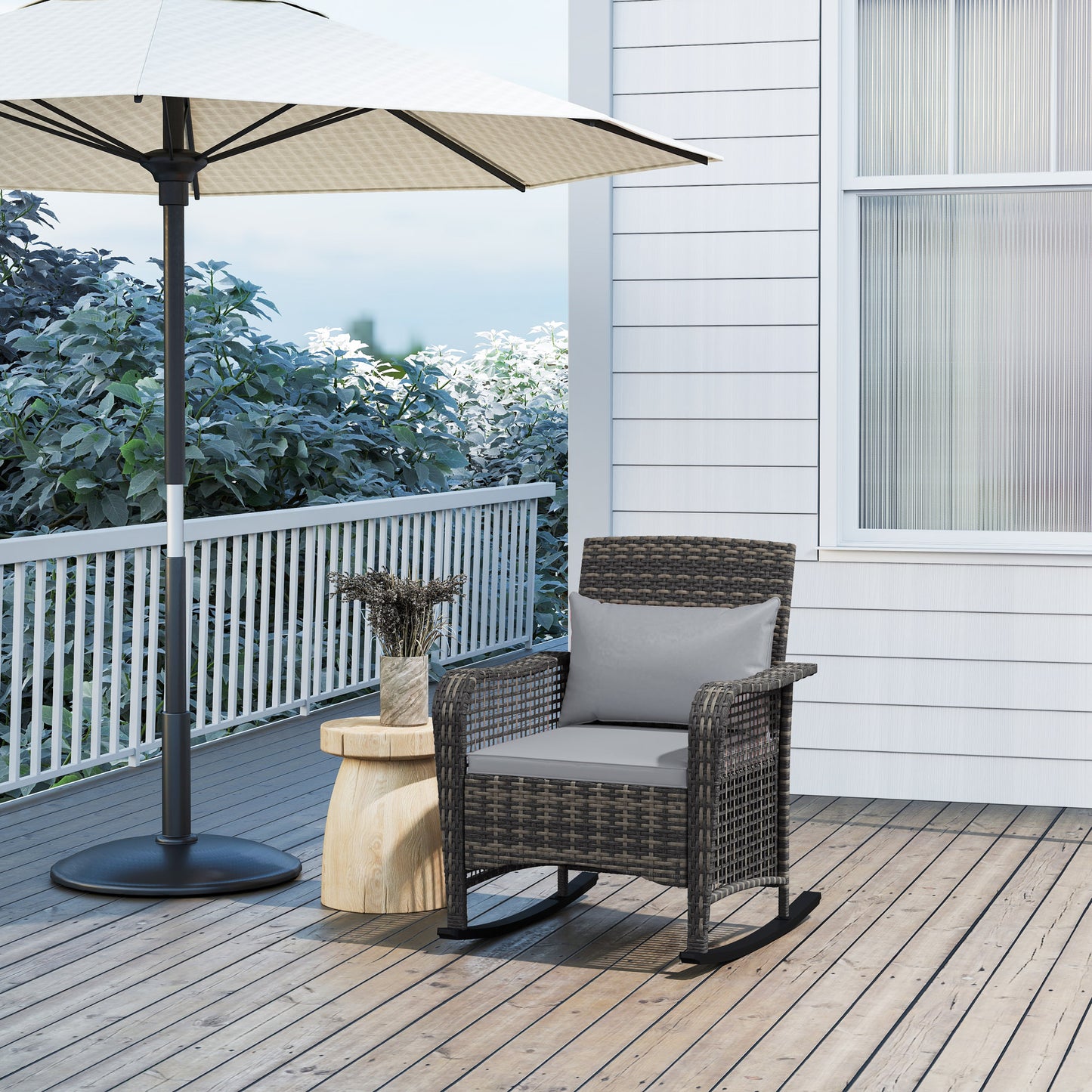 Garden Rocking Chair, Outdoor Rattan Rocker Lounge Chair with Seat and Back Cushions with All-weather Wicker, Steel Frame for Porch Balcony, Light Grey