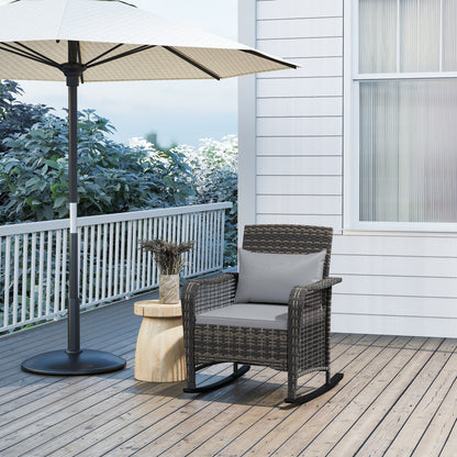 Garden Rocking Chair, Outdoor Rattan Rocker Lounge Chair with Seat and Back Cushions with All-weather Wicker, Steel Frame for Porch Balcony, Light Grey