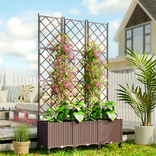 Self-Watering Raised Planter with Trellis | 8 Wheels 4 Lockable | Built-In Reservoir | Drainage Holes & Plugs | PP Fade Resistant | 20kg Capacity | 120x40x192cm | Brown
