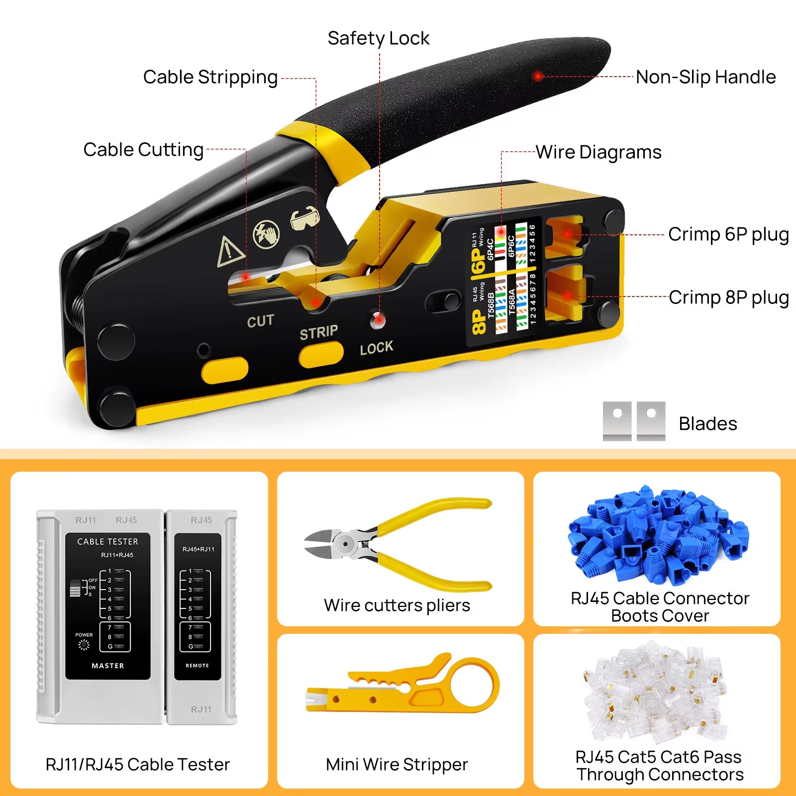 Pass through RJ45 Crimp Tool Kit Ethernet Crimper CAT5 Cat 5E Cat 6 Crimping Tool Kit 3 in 1 - Crimp Cutting Peeling